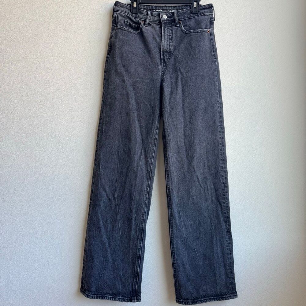 Old Navy Ski Hi Wide Leg Barrel Gray Black Solid Wash Jeans Size 4 /27 Inseam 29